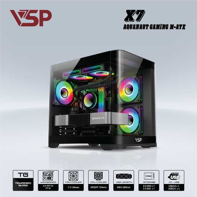 VSP X7 Aquanaut Gaming M-ATX - Đen , chưa FAN