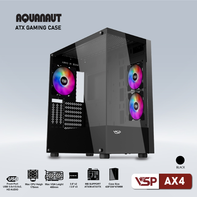 VSP Aquanaut AX4 (Đen)chưa FAN, mATX, ATX